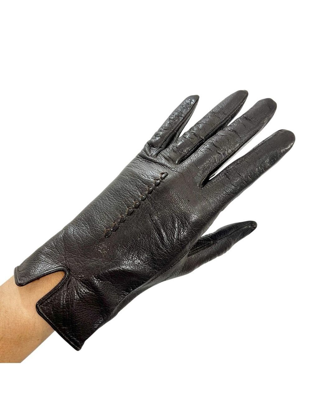 Vintage dark brown leather short pique stitched wrist length driving gloves 6.5